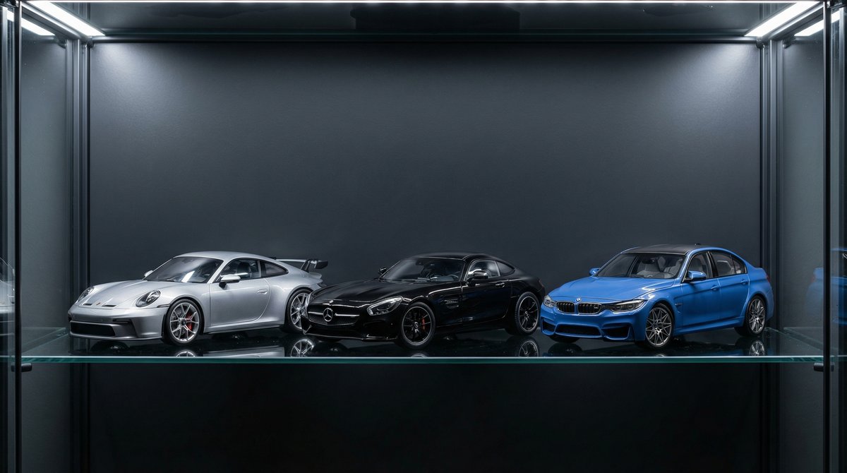Modelos diecast 1:18 de Porsche, Mercedes-Benz y BMW expuestos en vitrina de coleccionista