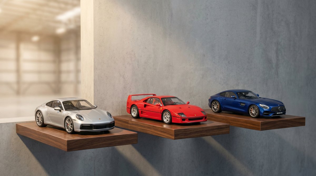 Almacen de Models118 con coches a escala diecast de coleccion en estanterias de exposicion