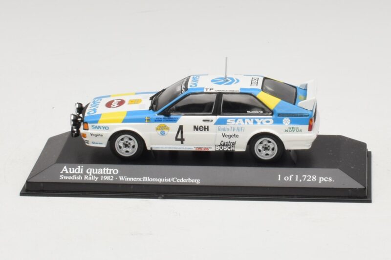 Audi Quattro #4 S. Blomqvist / B. Cederberg Rally Sweden Winner 1982 Minichamps 1:43 Audi Quattro #4 S. Blomqvist / B. Cederberg Rally Sweden Winner 1982 Minichamps 1:43 430821904 Metal