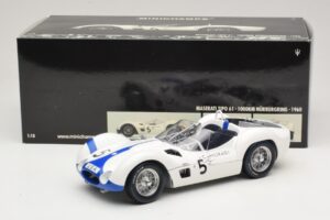 Maserati Tipo 61 #5 S. Moss / D. Gurney Camoradi ADAC 1000km Nurburgring Winner 1960 Minichamps 1:18 100601205 Metal - imagen 8 de 8