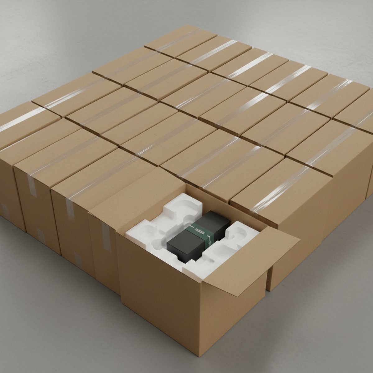 Cajas de pedidos B2B preparadas con relleno protector listas para enviar